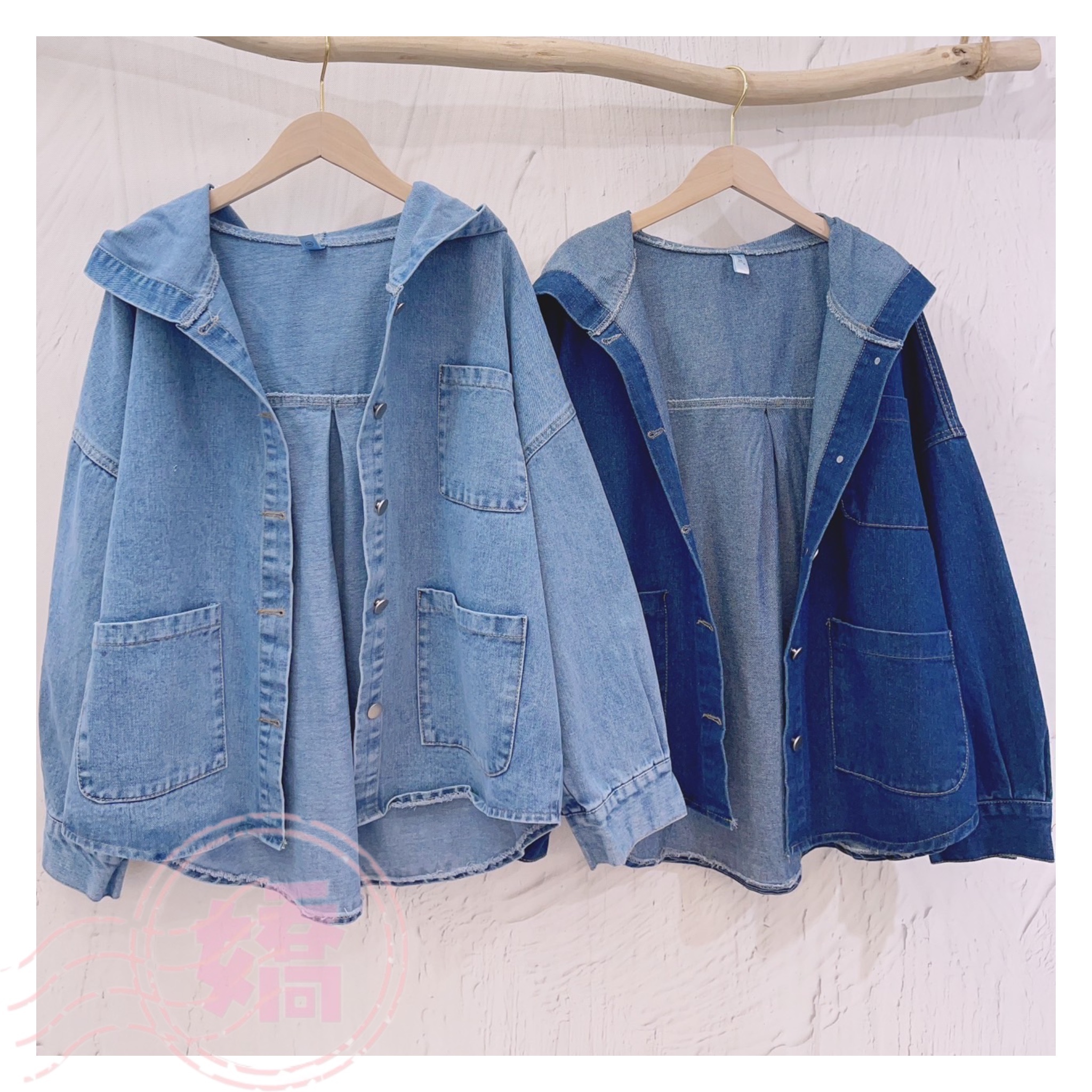 T12008三口袋連帽牛仔外套(淺藍'深藍)