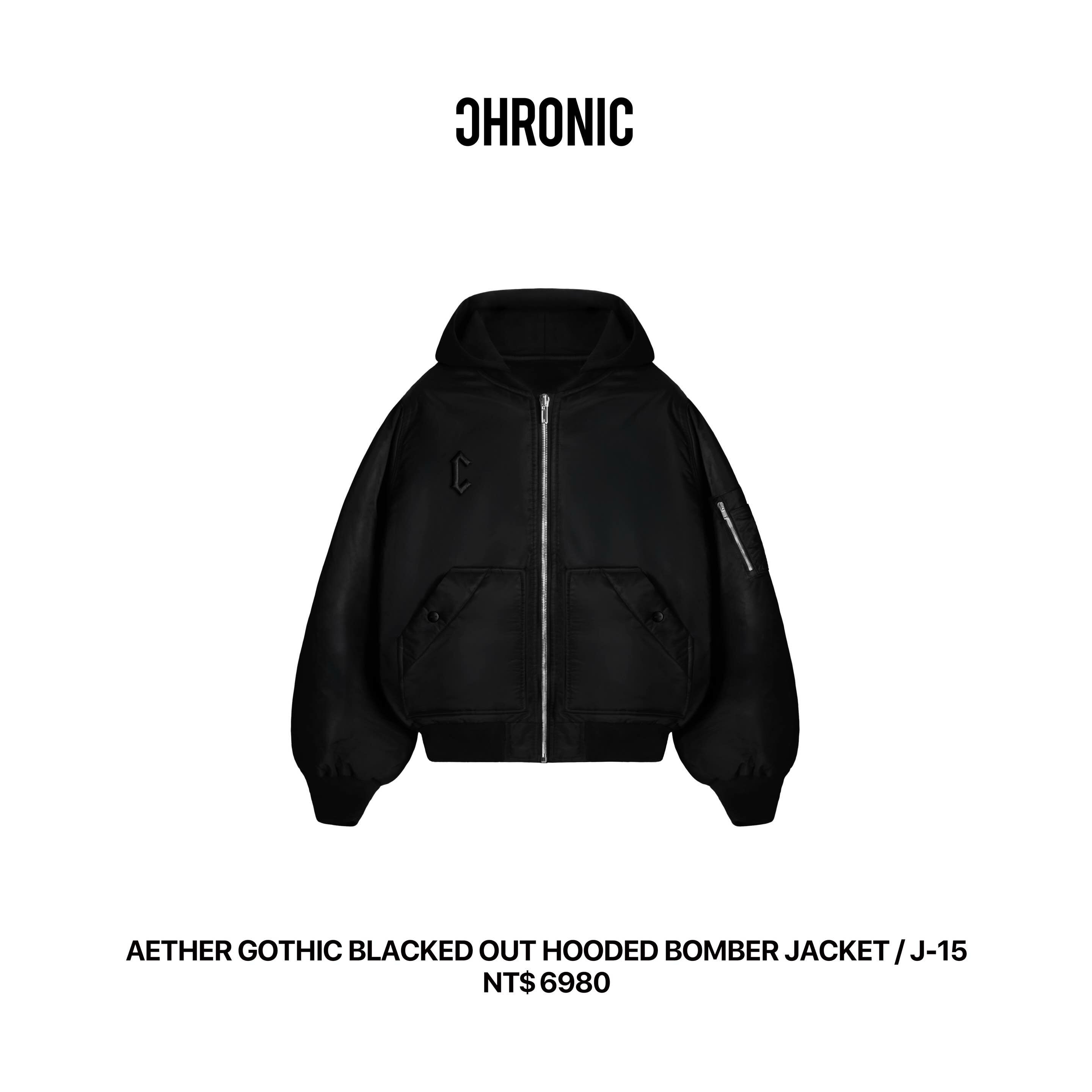 AETHER GOTHIC BLACKED OUT HOODED BOMBER JACKET / J-15