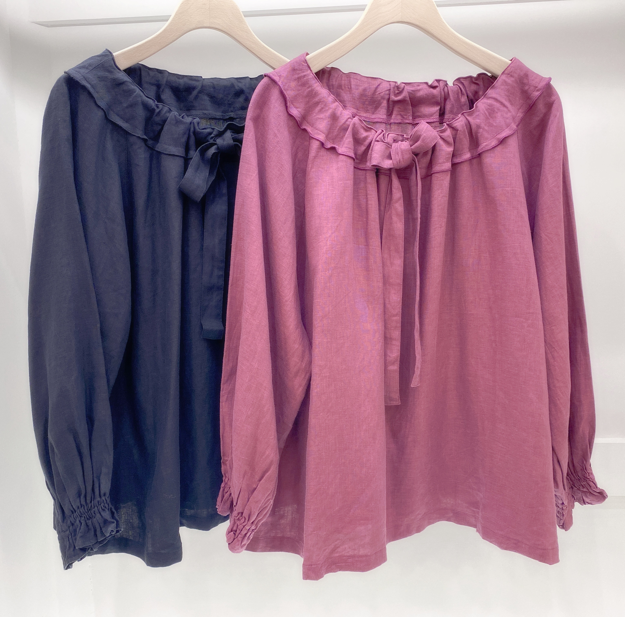 胸綁蝴蝶結麻料長袖上衣