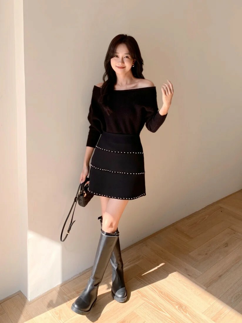 甜美女孩百搭斜肩上衣+立體層次珍珠滾邊A字裙短裙S-L (Elegant & Love)