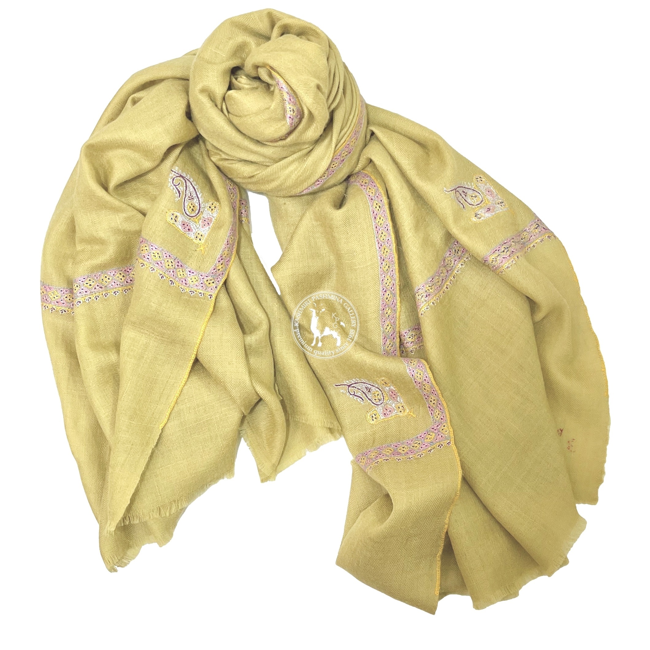 金色邊緣刺繡喀什米爾羊絨Shahmina圍巾披肩