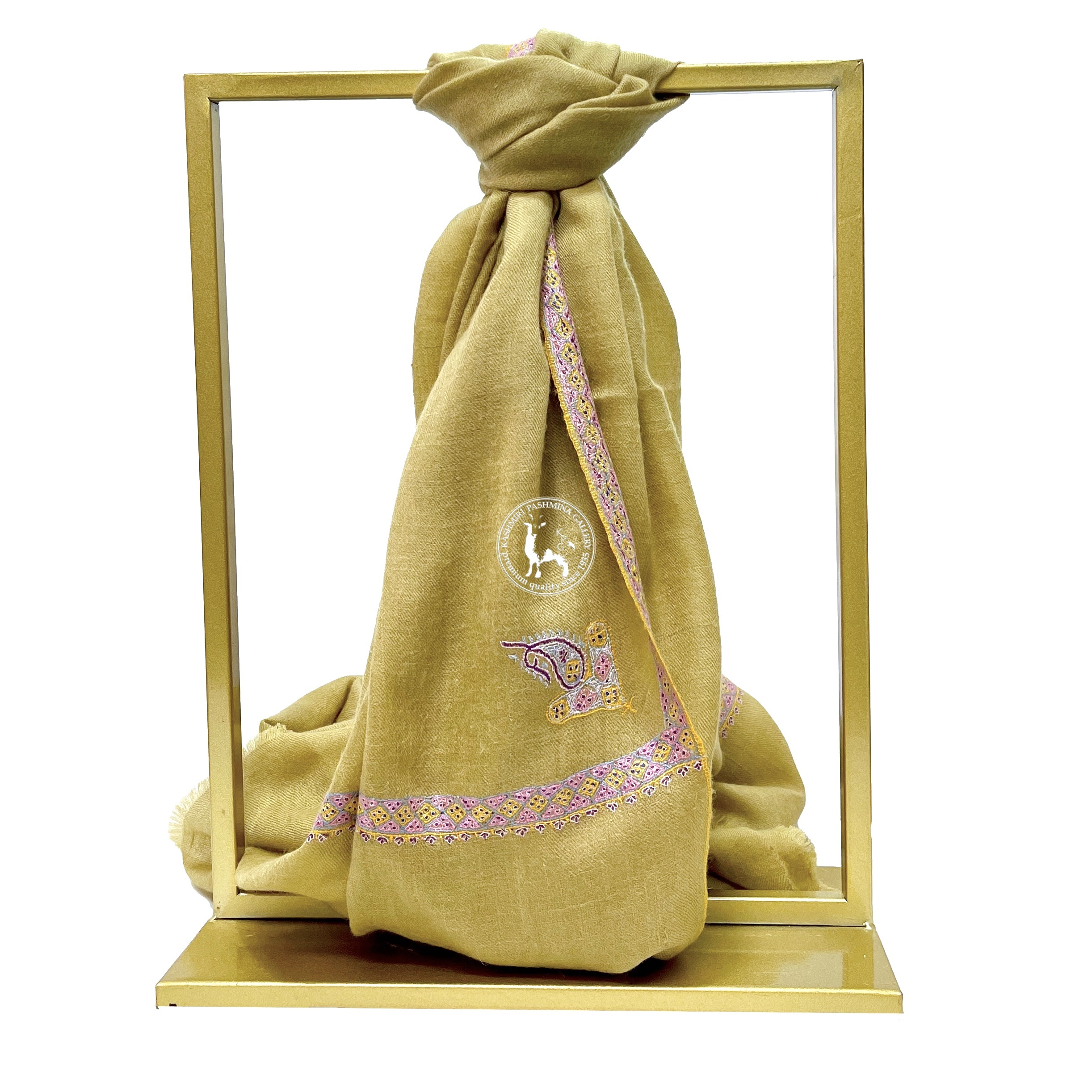 金色邊緣刺繡喀什米爾羊絨Shahmina圍巾披肩