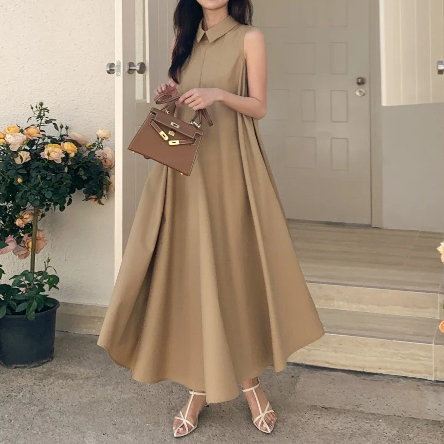 氣質女子無袖翻領A字傘擺長洋裝S-M / 3色 (Elegant & Love)