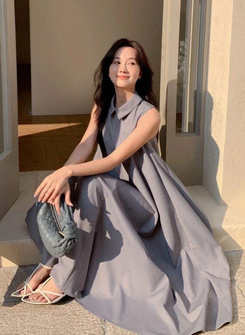 氣質女子無袖翻領A字傘擺長洋裝S-M / 3色 (Elegant & Love)