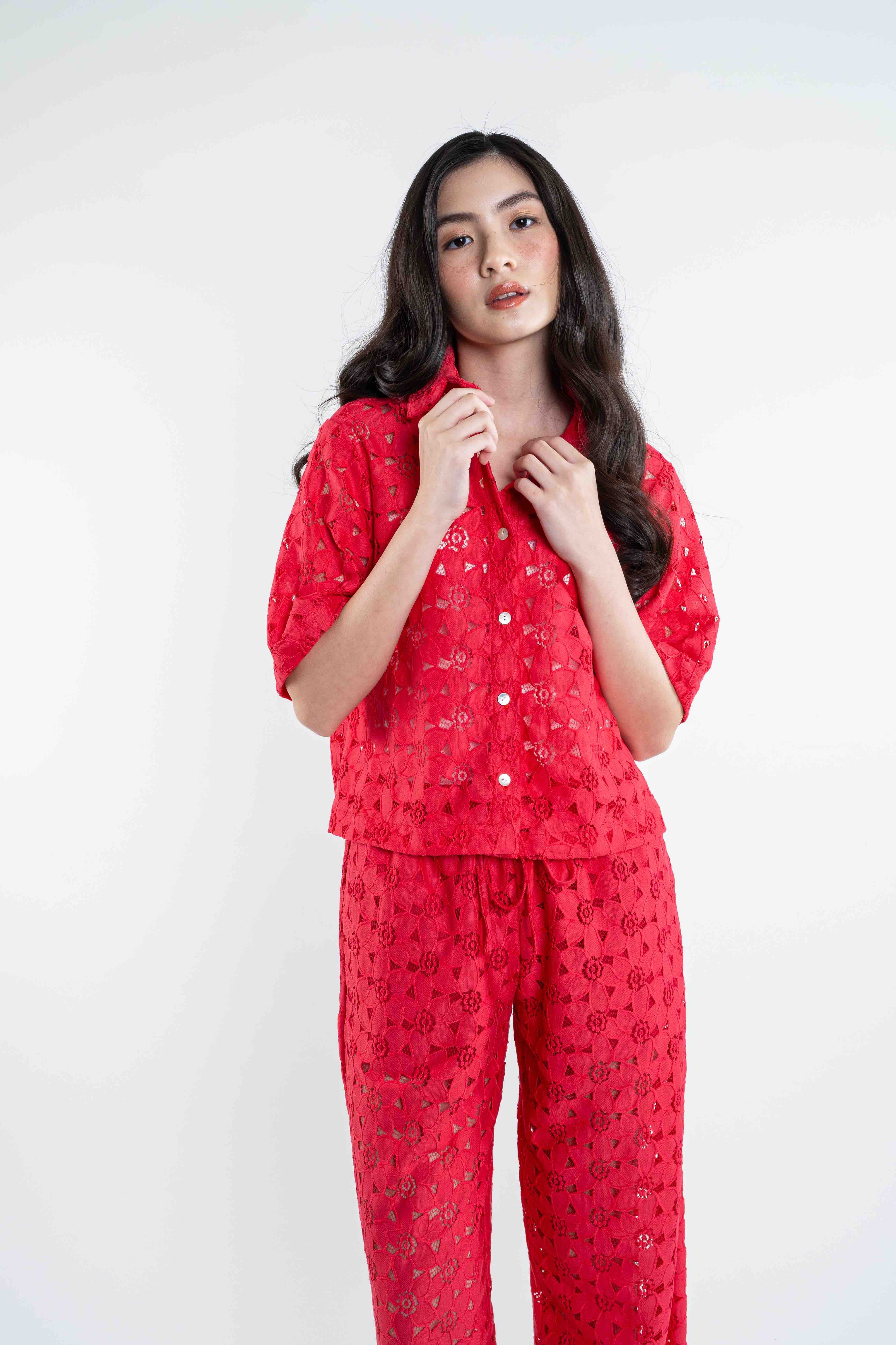 Siobhan Lace Top and Pants Set - Red