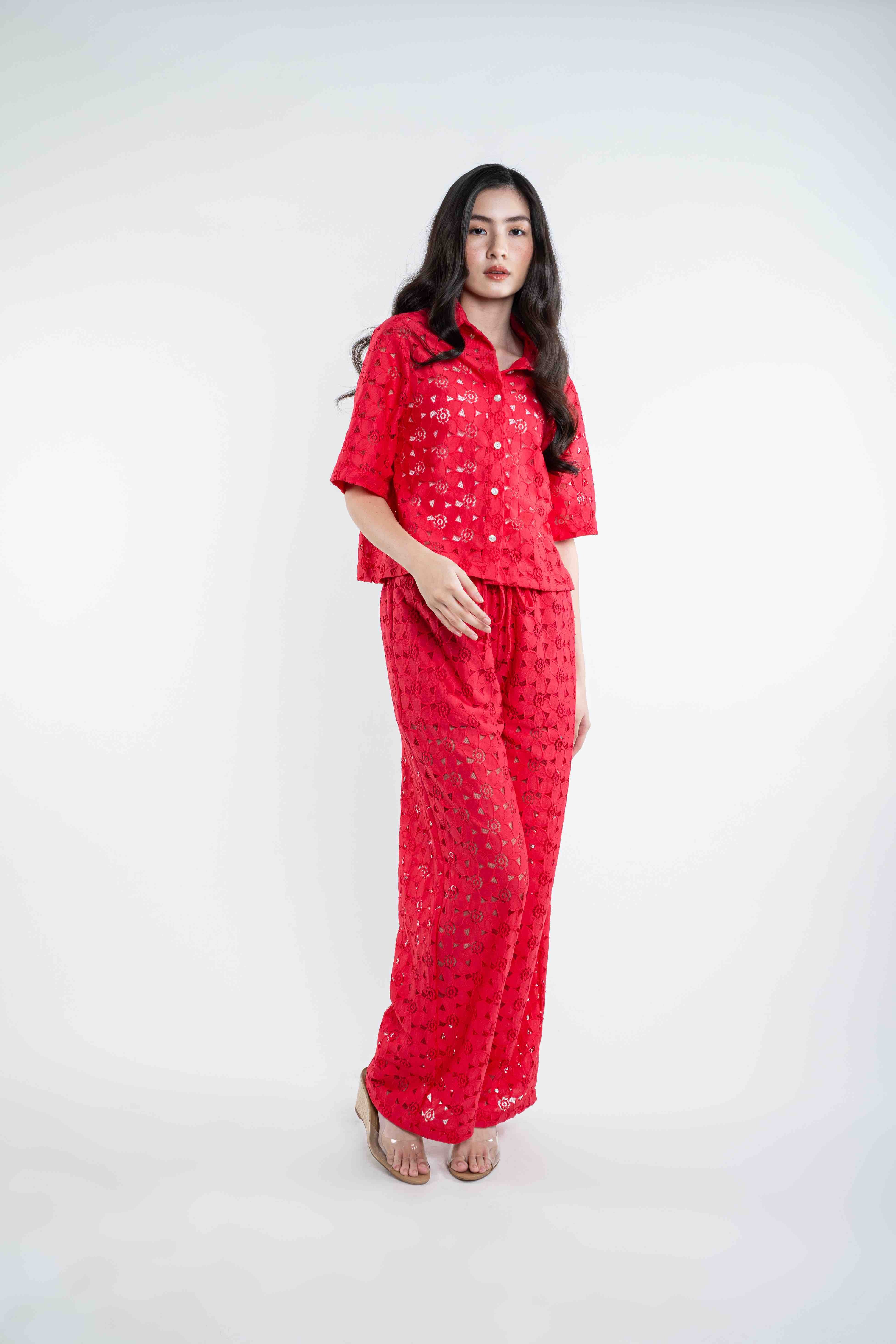 Siobhan Lace Top and Pants Set - Red