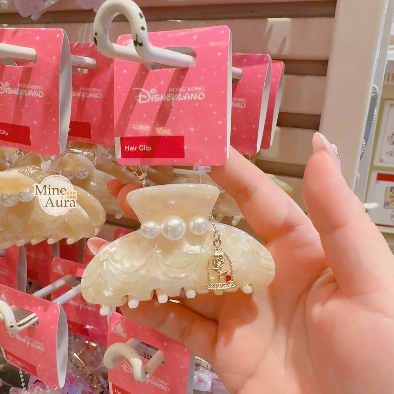 美女與野獸 Beauty and the Beast 珍珠 玫瑰 永生花 墜飾 造型 髮夾 髮抓 鯊魚夾 -香港迪士尼樂園