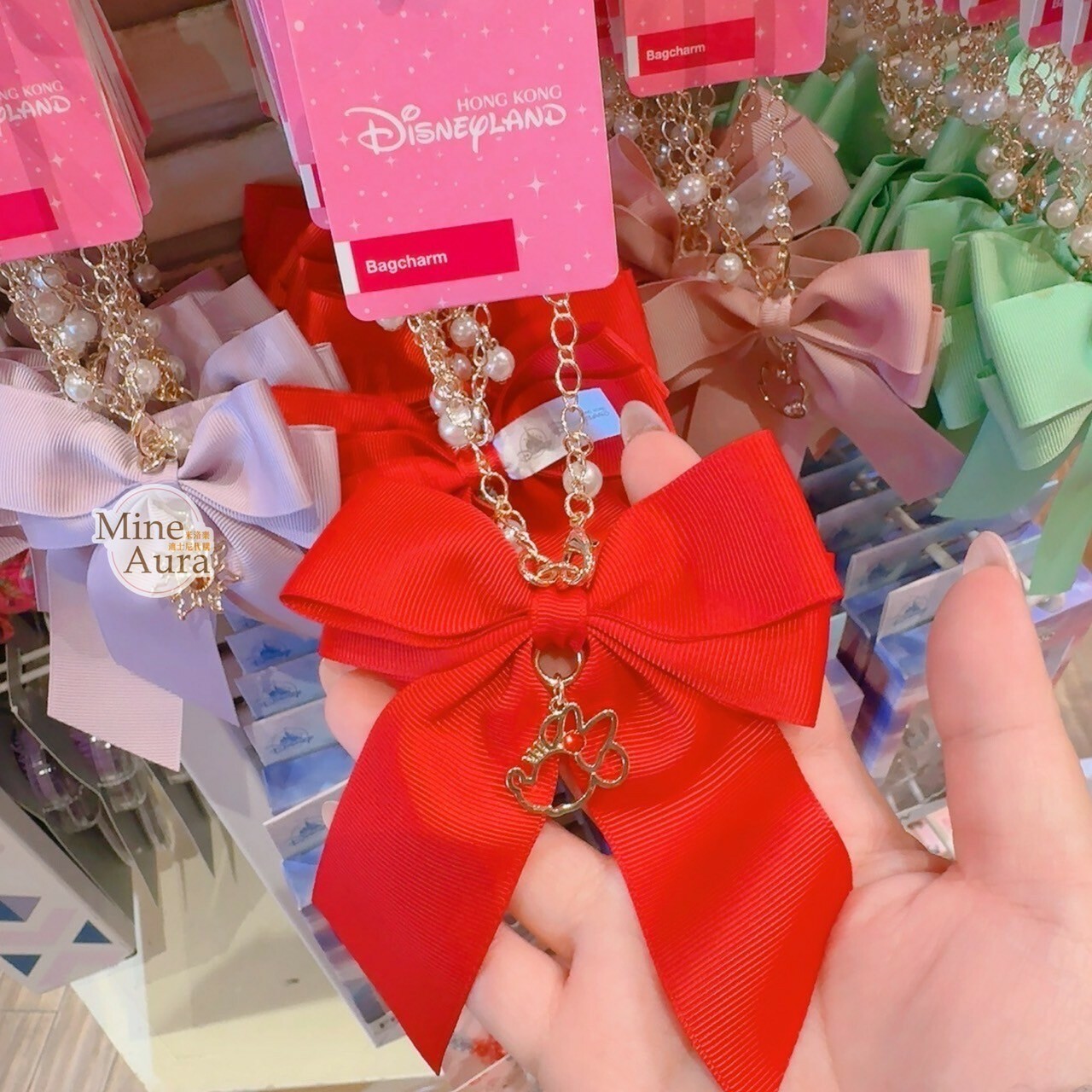 米妮 Minnie 簍空大頭墜飾 紅色蝴蝶結 造型 鑰匙圈 吊飾 -香港迪士尼樂園