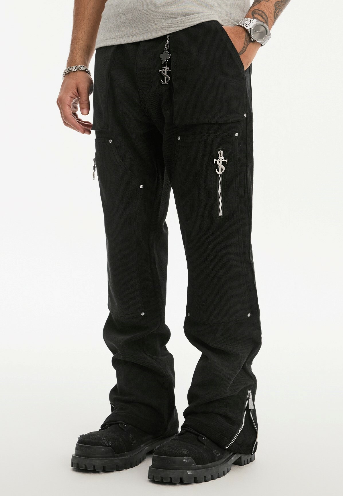 STK SmallTownKid 燈芯鉚釘 褲角拉鍊 工裝褲