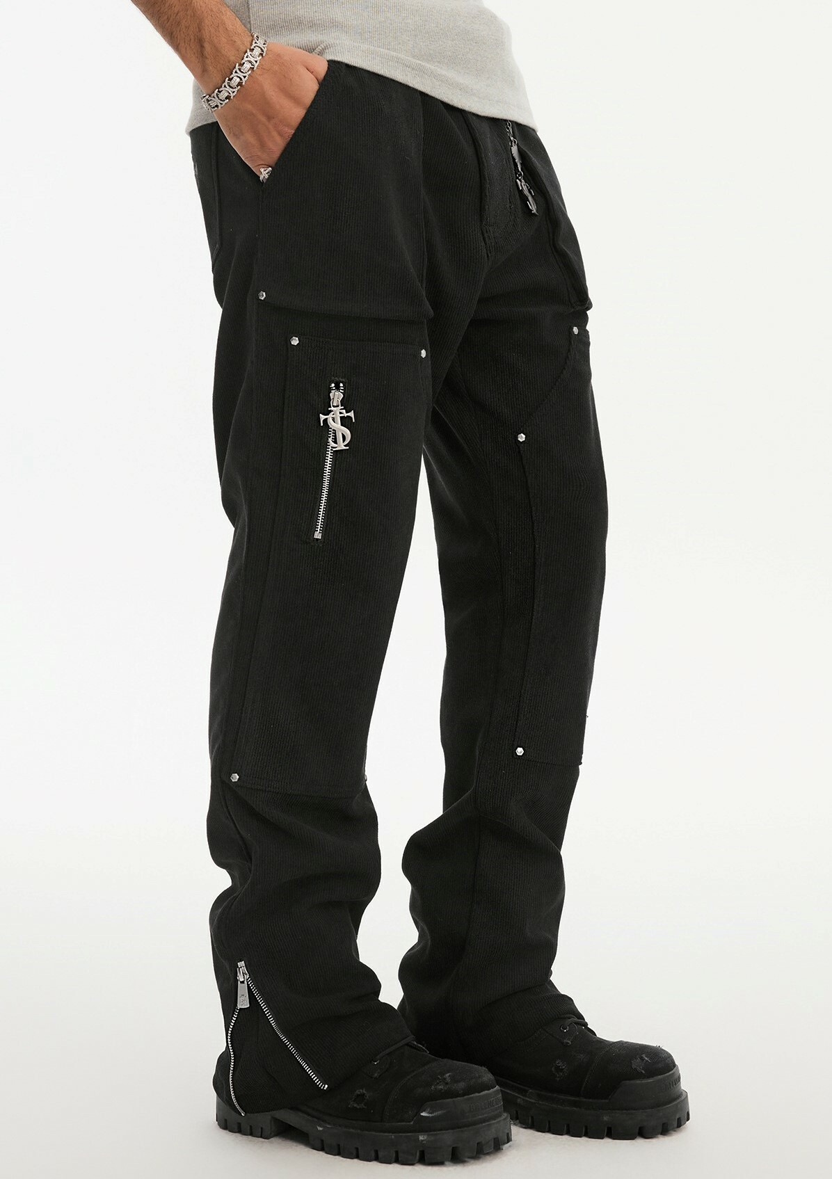 STK SmallTownKid 燈芯鉚釘 褲角拉鍊 工裝褲