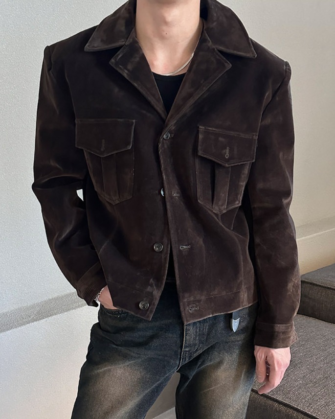 雙口袋軍風絲絨牛仔外套