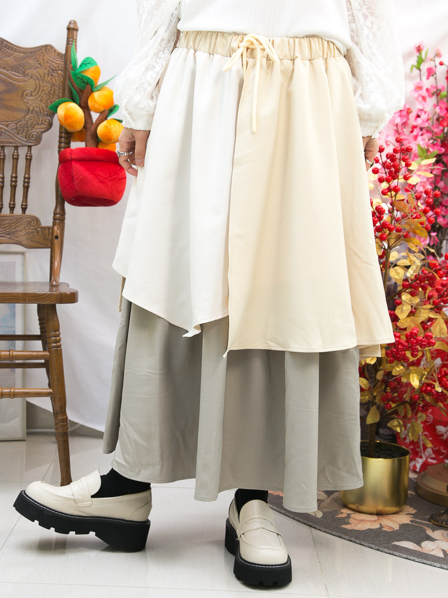 【5折起 Summer Sale】橡根腰束繩．DOUBLE LAYER 拼色扯布料半截裙【不設退換】【因SUMMER SALE訂單較多，需要7-10個工作天才安排出貨】