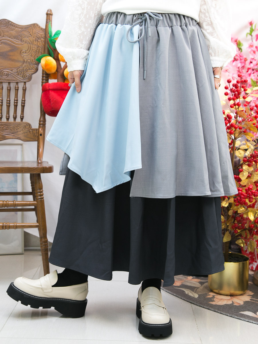 【5折起 Summer Sale】橡根腰束繩．DOUBLE LAYER 拼色扯布料半截裙【不設退換】【因SUMMER SALE訂單較多，需要7-10個工作天才安排出貨】