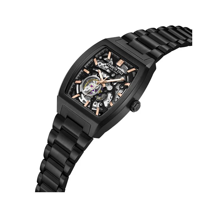 萬年鐘錶 - KENNETH COLE  美國紐約品牌  全黑酒桶型透視機芯機械不鏽鋼款男錶 KCWGY0058601  錶徑40MM