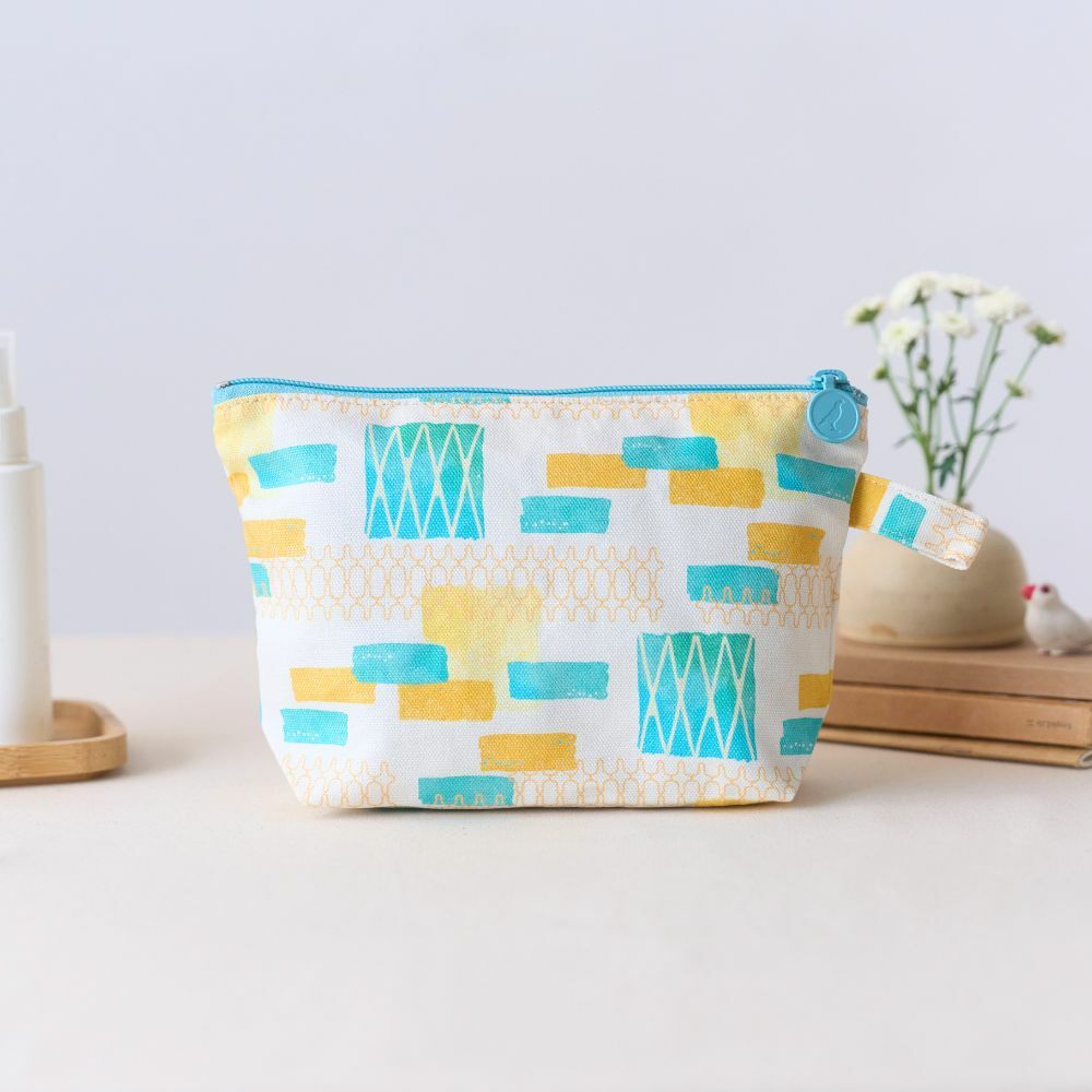 Zipper Trapzoid Pouch/Old Iron Window Frame & Bricks/Lemon & Orange