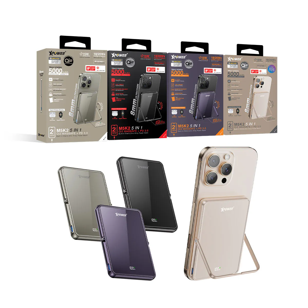XPower M5K2 5合1鋅合金支架數顯 5000mAh PD3.0+QI2 磁吸移動電源