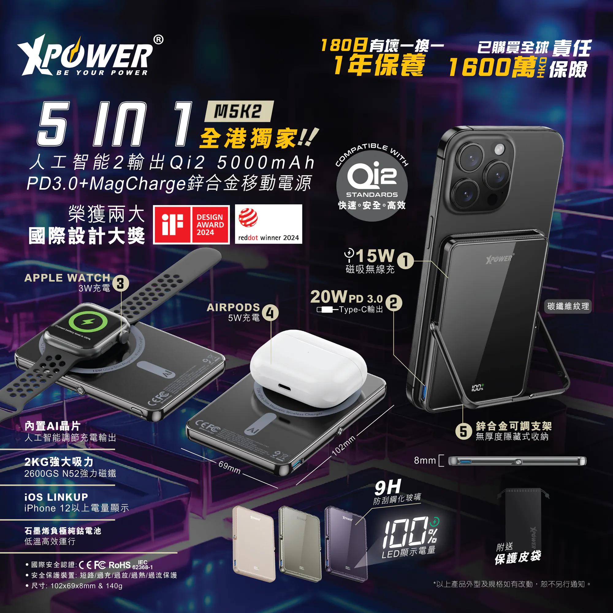 XPower M5K2 5合1鋅合金支架數顯 5000mAh PD3.0+QI2 磁吸移動電源