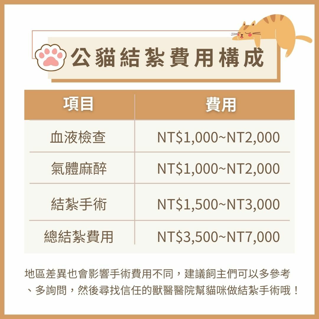 公貓結紮費用構成參考