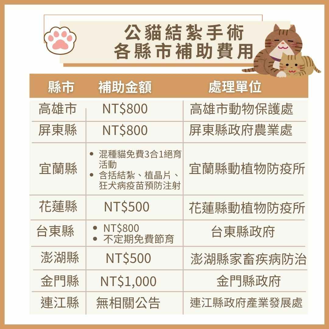 2025年各縣市公貓結紮補助大補帖