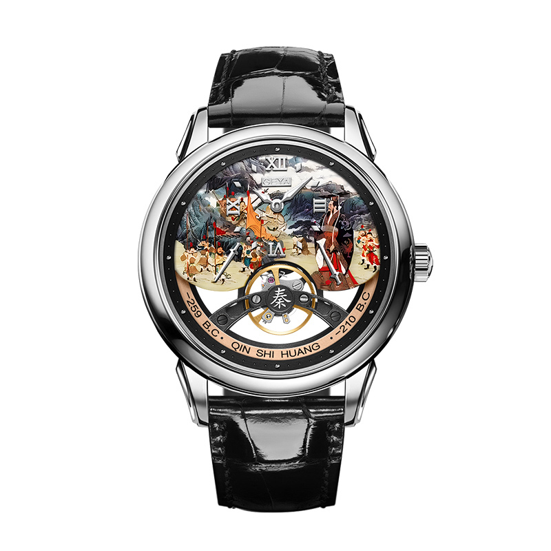【GEYA格雅】大秦帝國系列 G78168GWKK 雙面鏤空 秦始皇一統六國圖示錶盤 夜光 牛皮錶帶 機械 手錶