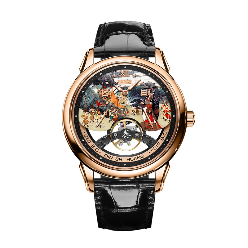 【GEYA格雅】大秦帝國系列 G78168GWKK 雙面鏤空 秦始皇一統六國圖示錶盤 夜光 牛皮錶帶 機械 手錶