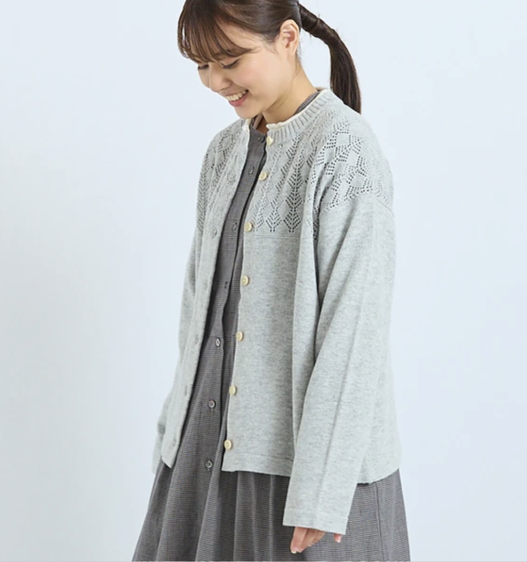 淺灰色樹葉圖案拼接領口針織外套【日本直送】