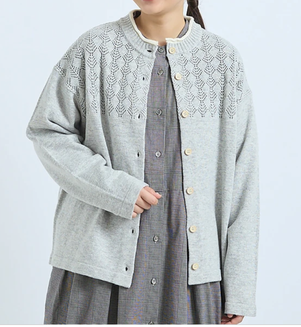 淺灰色樹葉圖案拼接領口針織外套【日本直送】