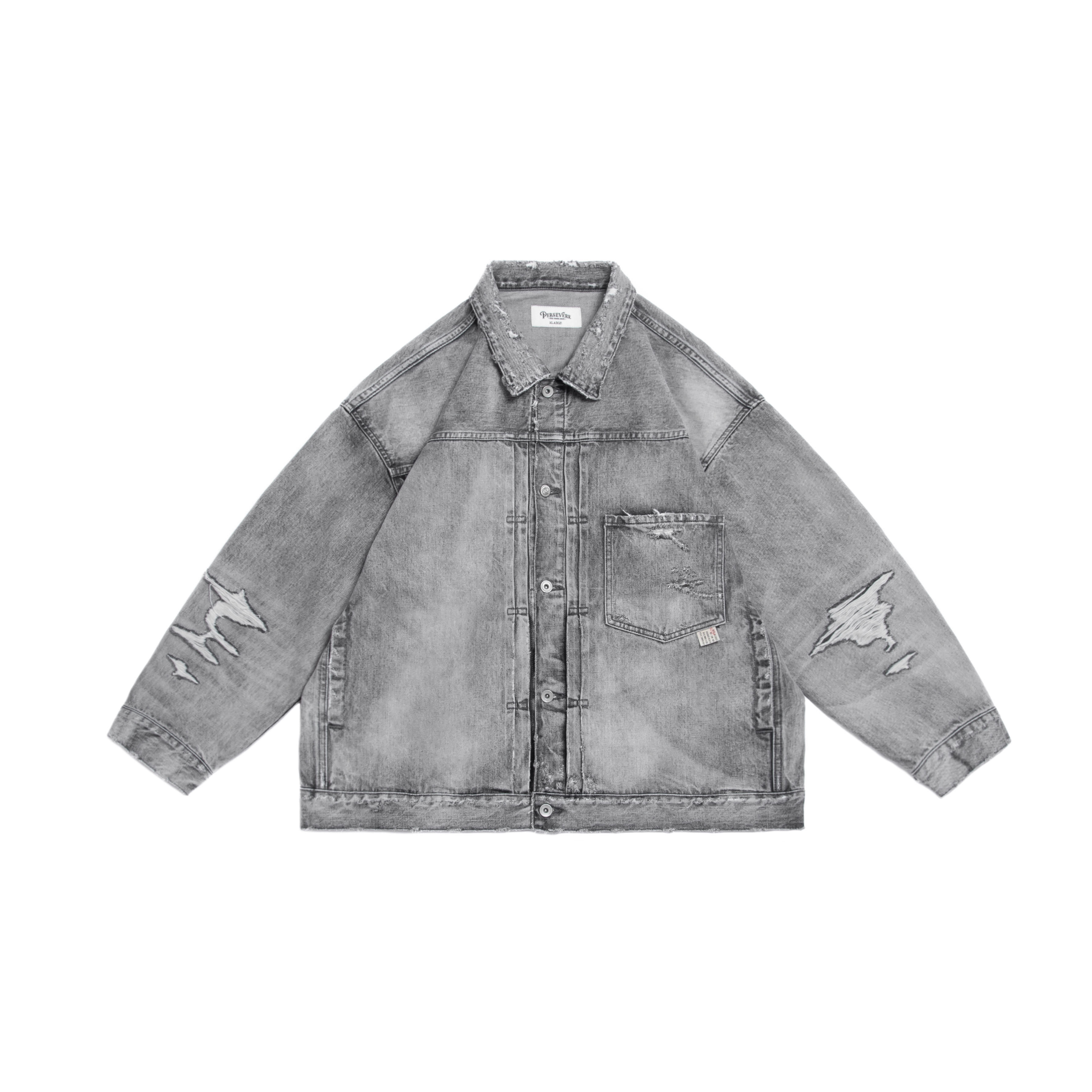 PERSEVERE DESTROYED EFFECT SELVEDGE DENIM JACKET ( 5TH ANNIVERSARY LIMITED ) - WASHED GREY