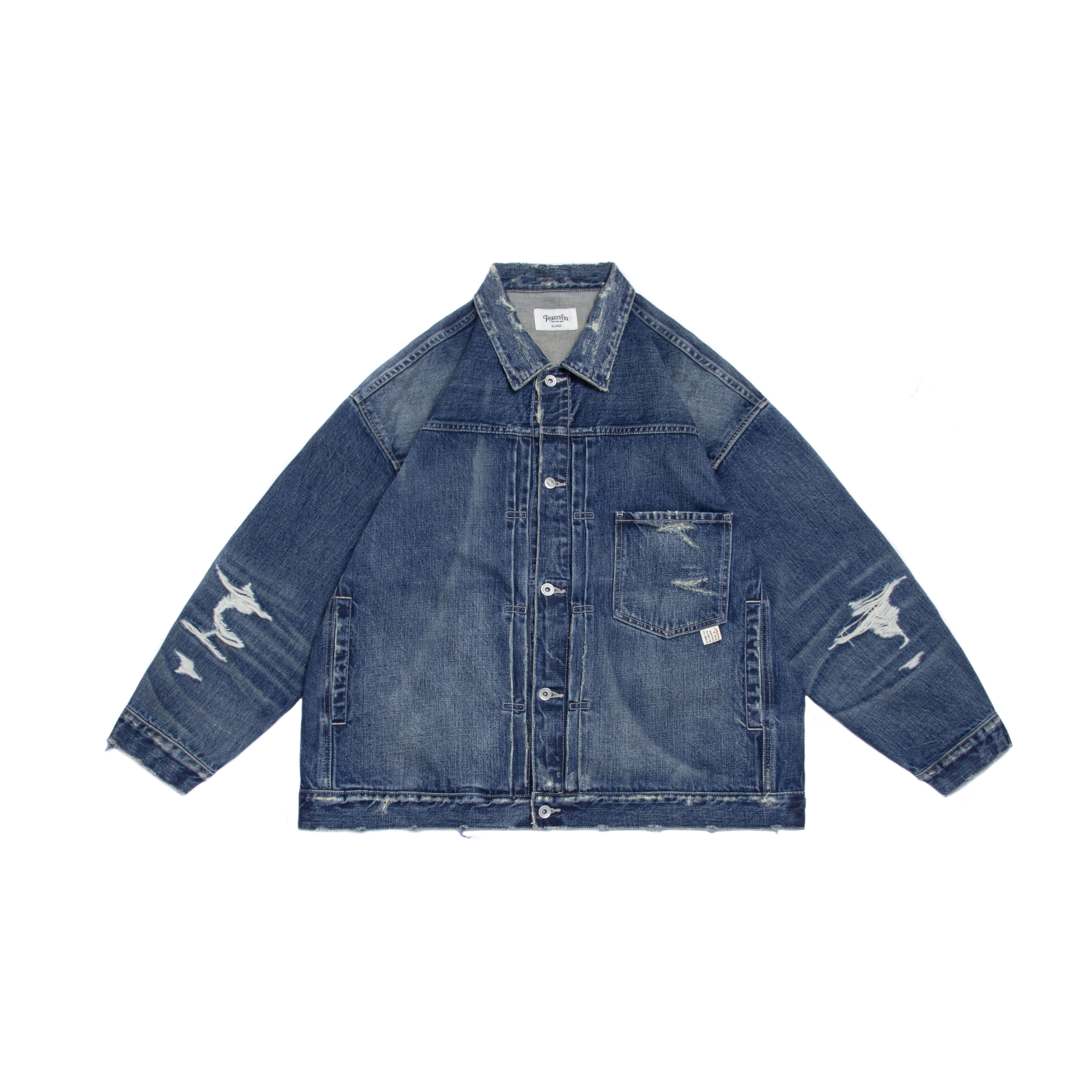 PERSEVERE DESTROYED EFFECT SELVEDGE DENIM JACKET ( 5TH ANNIVERSARY LIMITED ) - WASHED BLUE