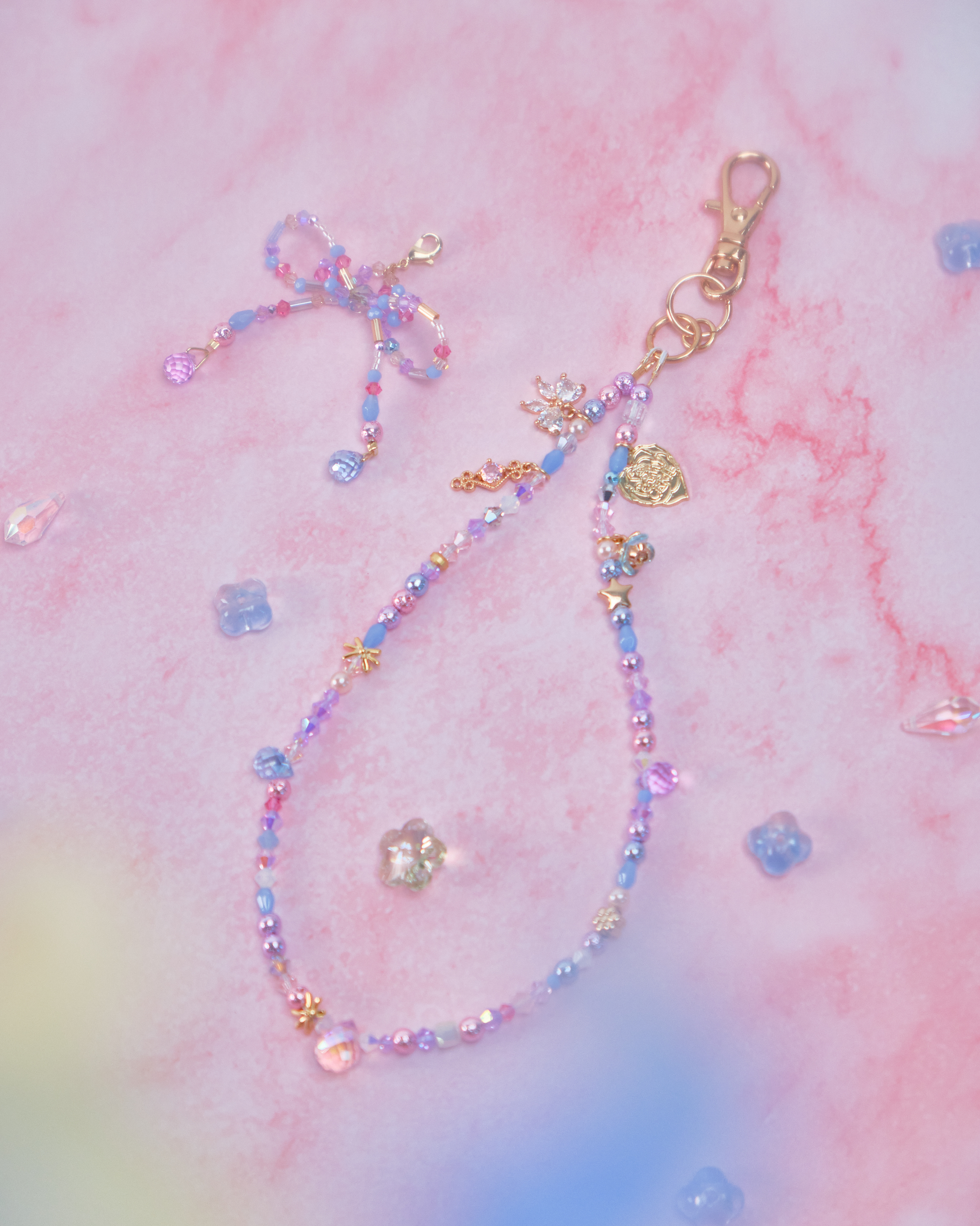 11670 水晶短手機鏈配可拆式珠仔蝴蝶結吊墜