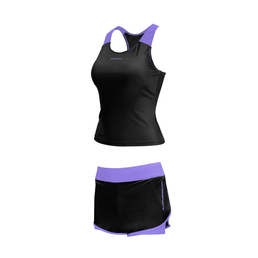 女士拼色坦基尼套裝 - 黑/紫