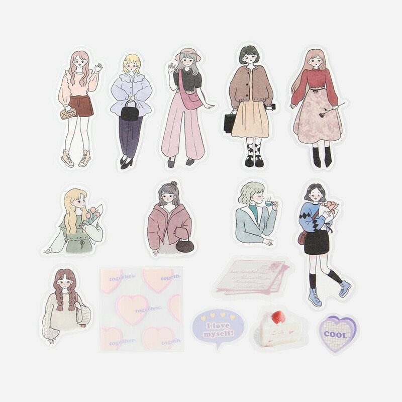 BGM 漫畫風女孩系列 雙材質 貼紙包 - 線畫・文靜系