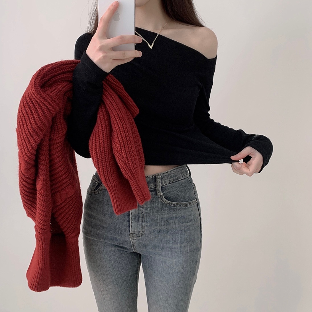 【優惠預訂】韓國單肩長袖TEE（3色）