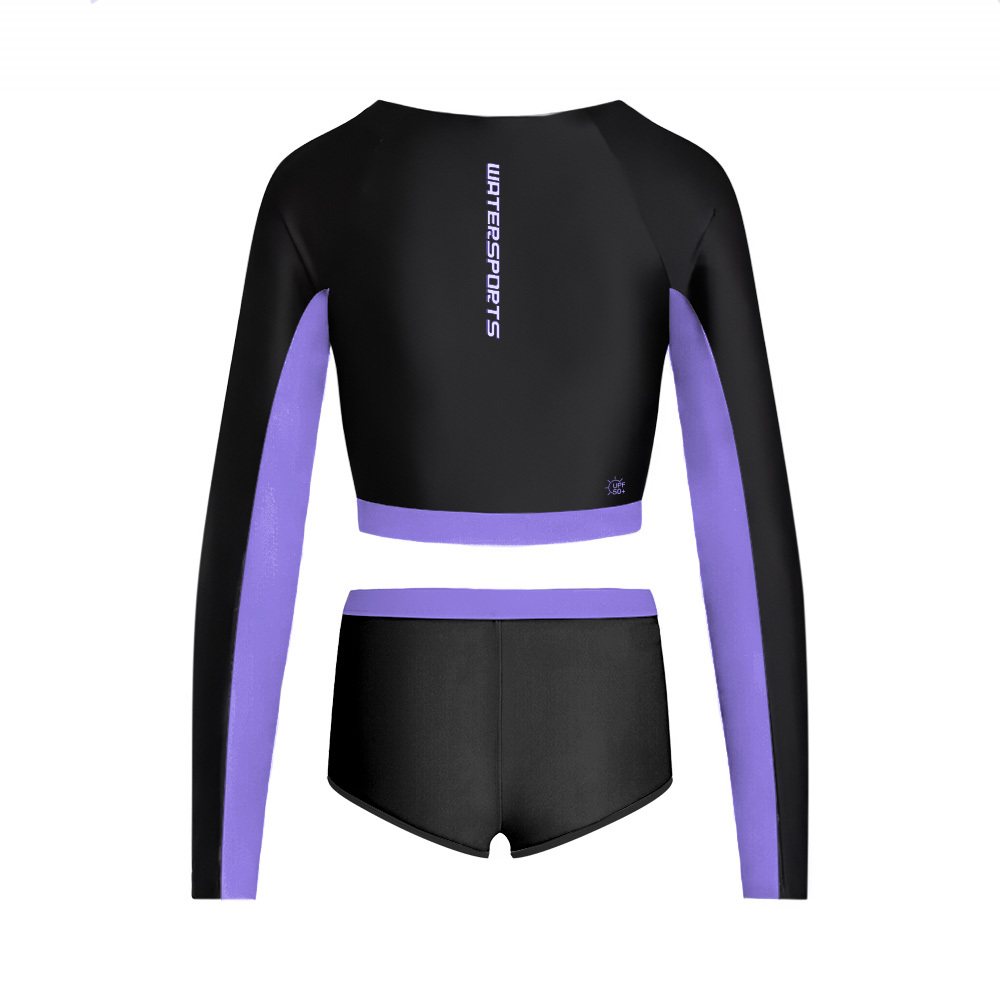 女士 Sea Dive 長袖露腰防曬套裝 - 黑/紫