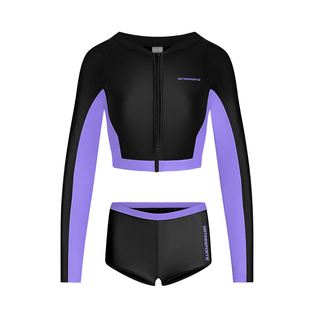 女士 Sea Dive 長袖露腰防曬套裝 - 黑/紫