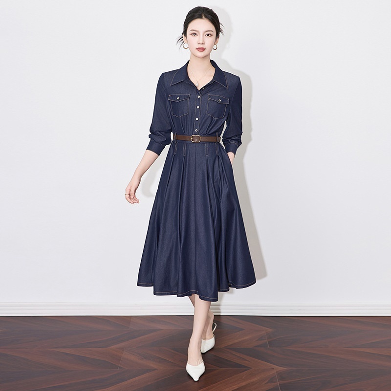 立領排釦天絲牛仔洋裝 藍色