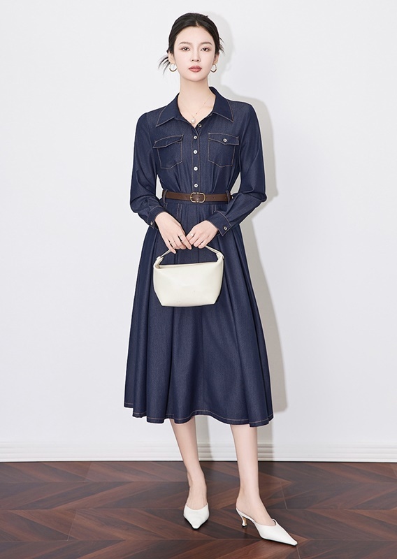 立領排釦天絲牛仔洋裝 藍色