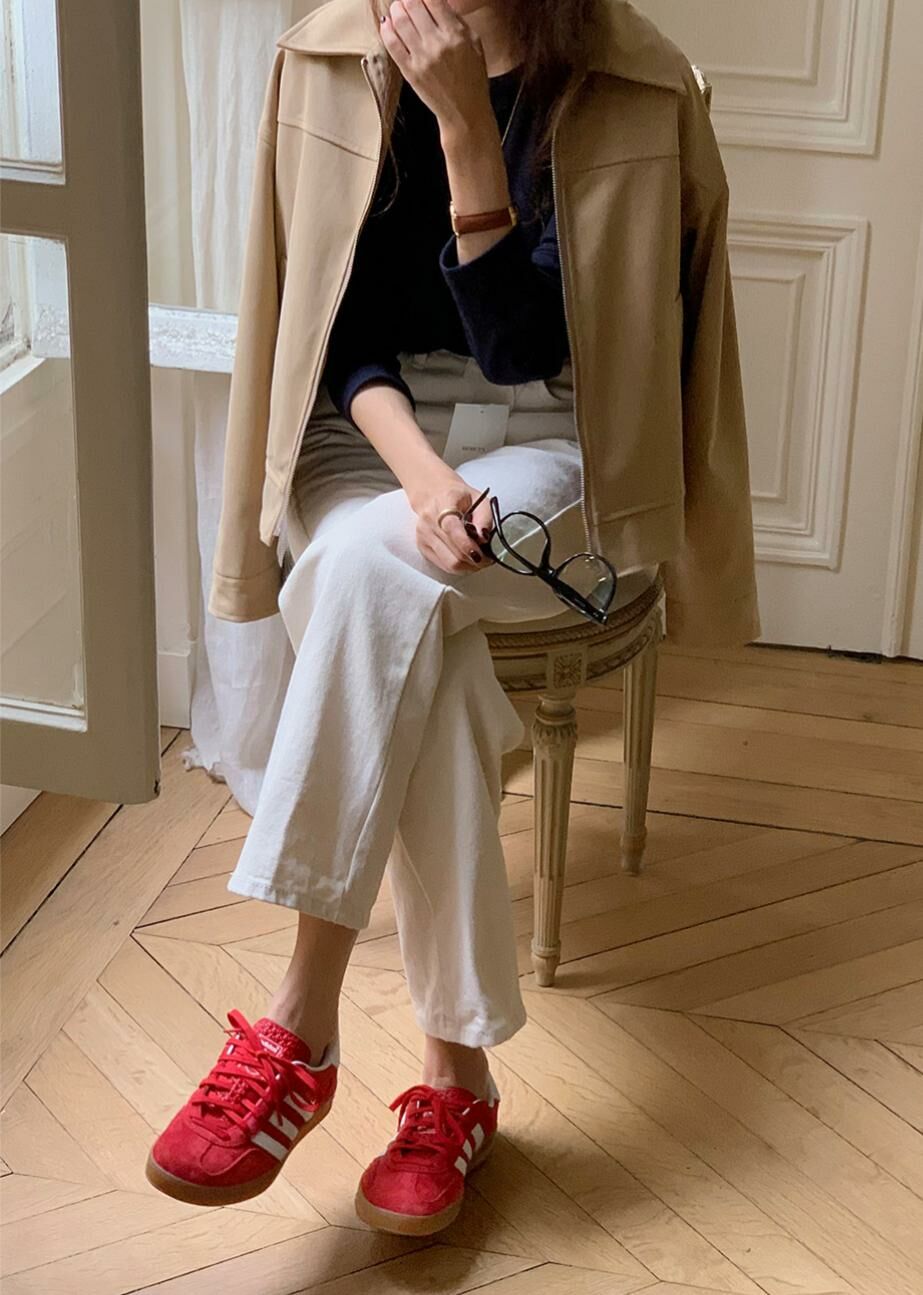 [短版]單鈕直筒長褲(米色)