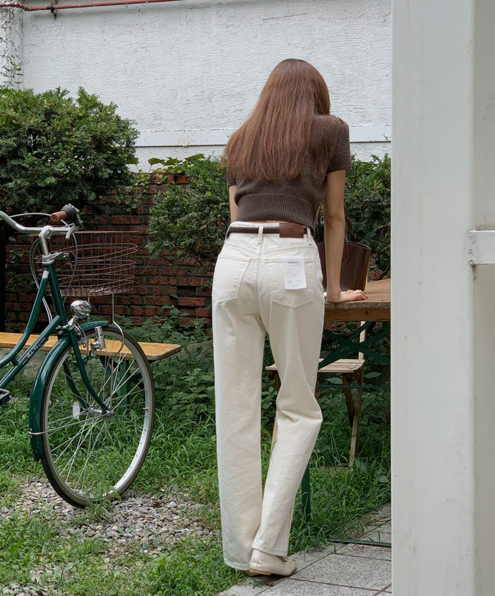 [長版]單鈕直筒長褲(米色)