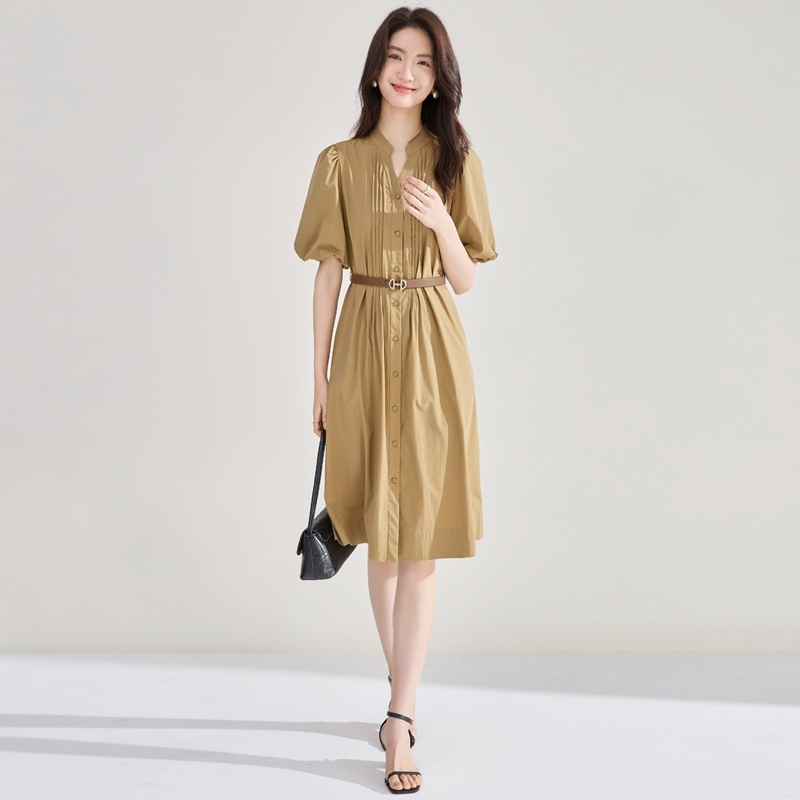 開襟直排釦澎袖洋裝 棕色