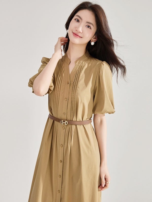開襟直排釦澎袖洋裝 棕色