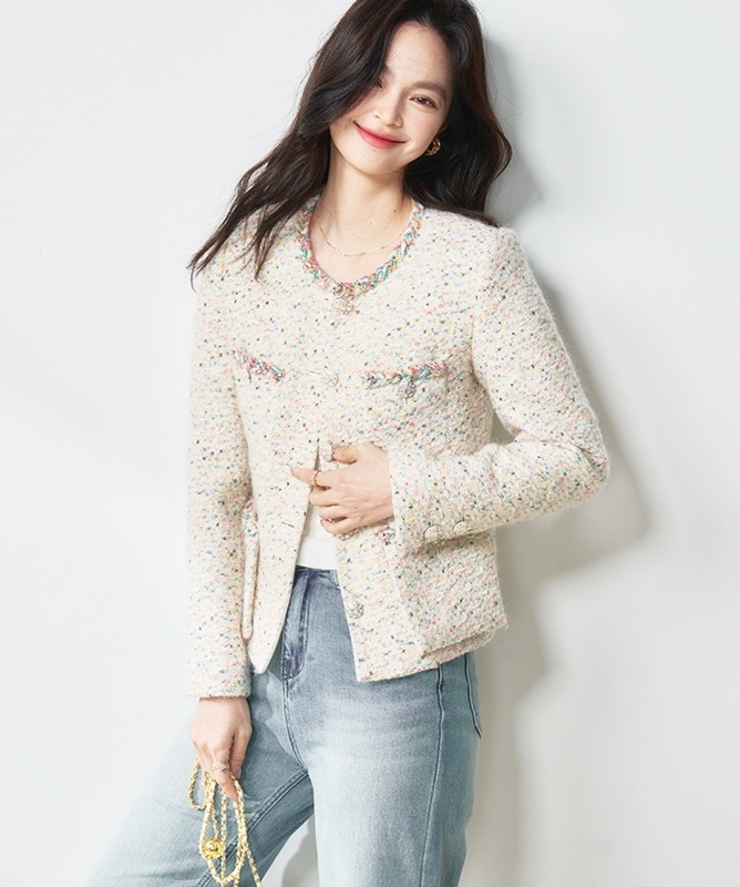 小香風彩虹花紗羊毛外套 白色