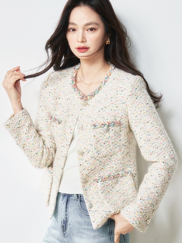 小香風彩虹花紗羊毛外套 白色