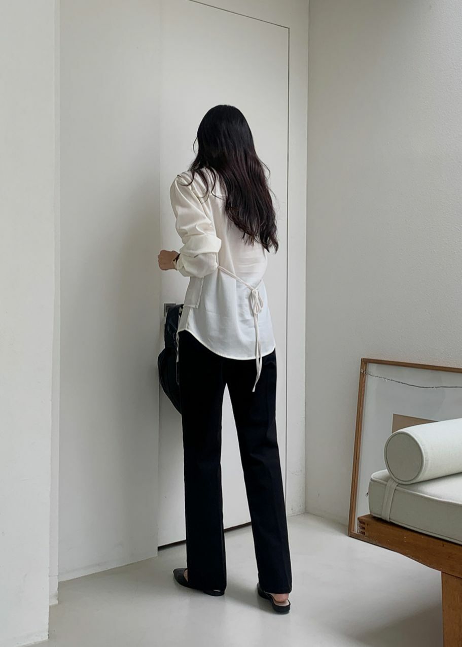 [長版]單鈕直筒長褲(黑色)