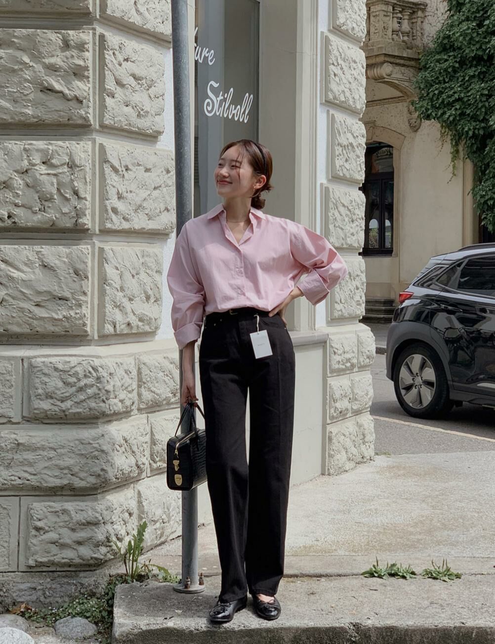 [短版]單鈕直筒長褲(黑色)