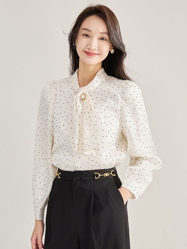 珍珠綁帶點點雪紡上衣 白色