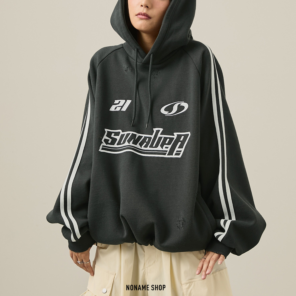 SNAP CLUB 日本品牌限定 寬鬆 復古 賽車系列 微刷破 刷毛 帽TEE 三色 (女款)