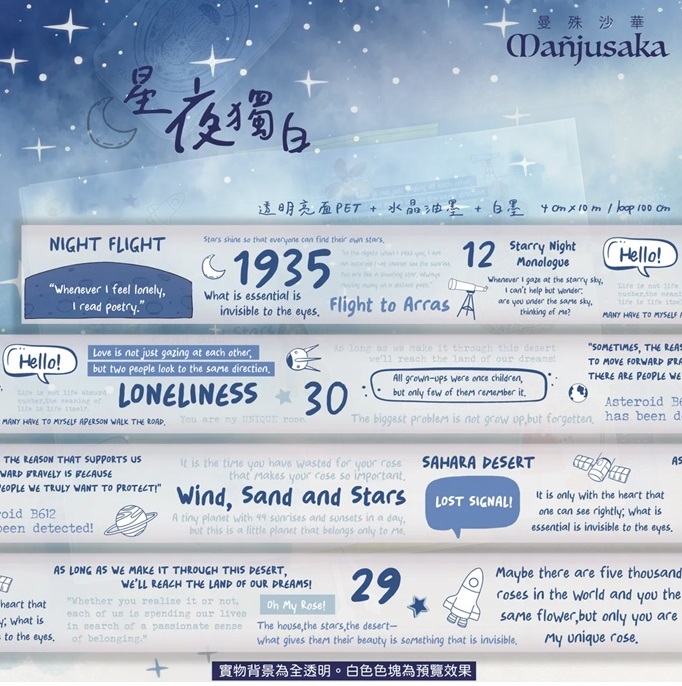 曼殊沙華．星夜獨白-星夜藍/靜謐黑 4cm亮面PET膠帶 <整捲/分裝>