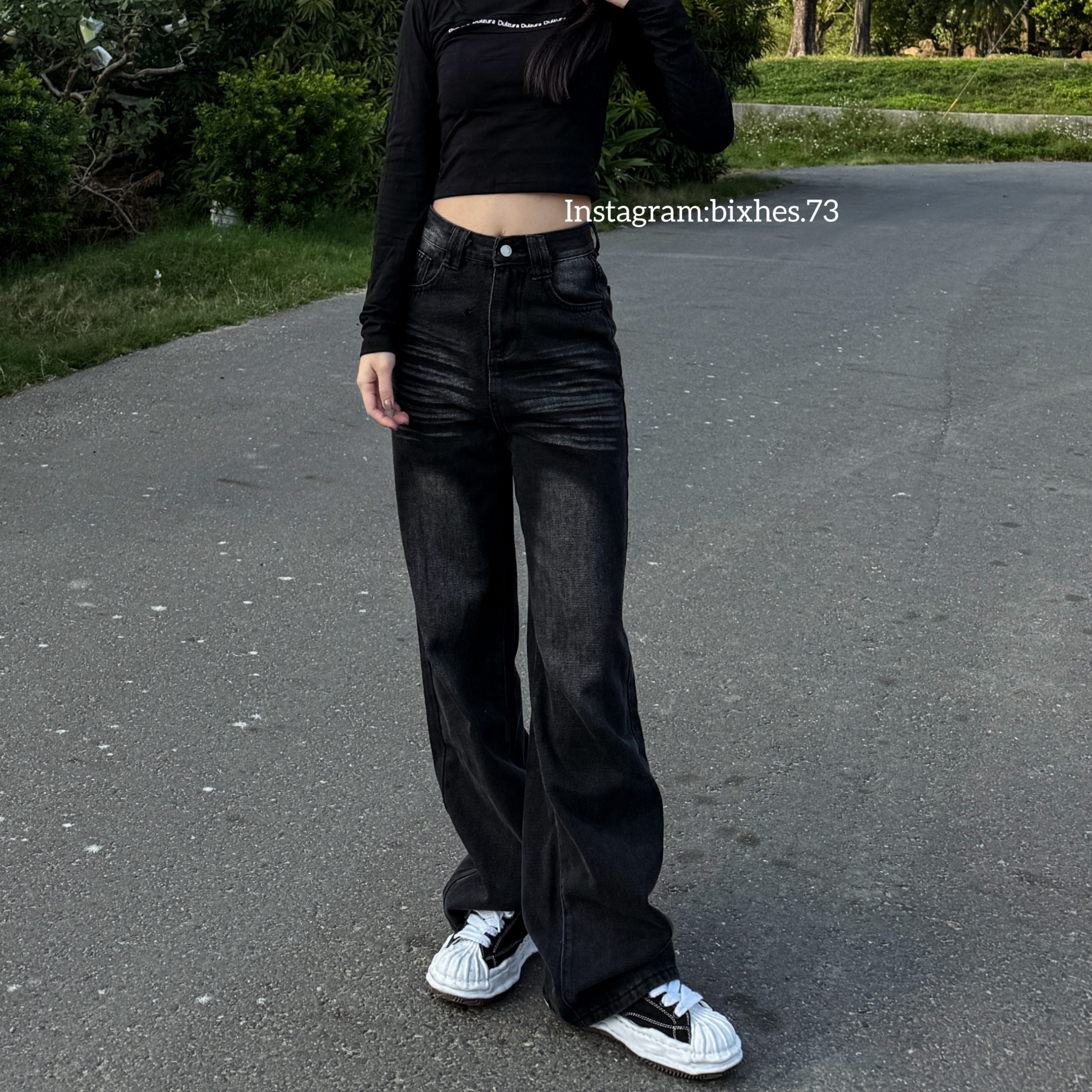 碳黑刷色牛仔長褲(E00109)