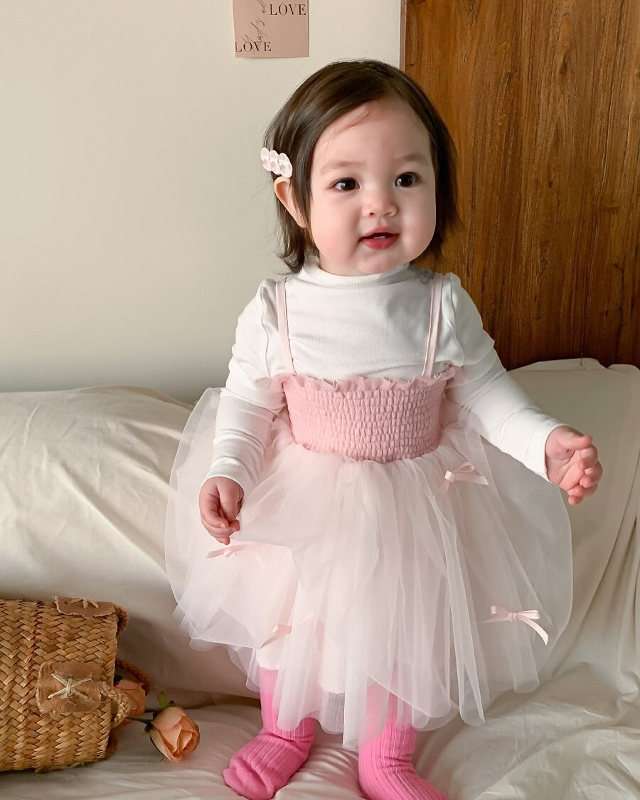 可愛爆擊粉色蝴蝶結澎裙/白色內搭